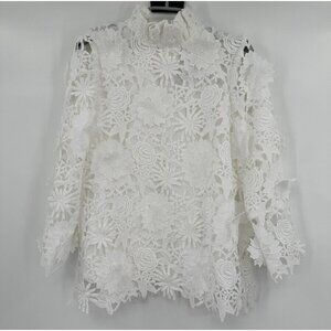 Tuckernuck White Guipure Lace Faye Blouse S Sleeveless Top Ruffle Bow Tie **